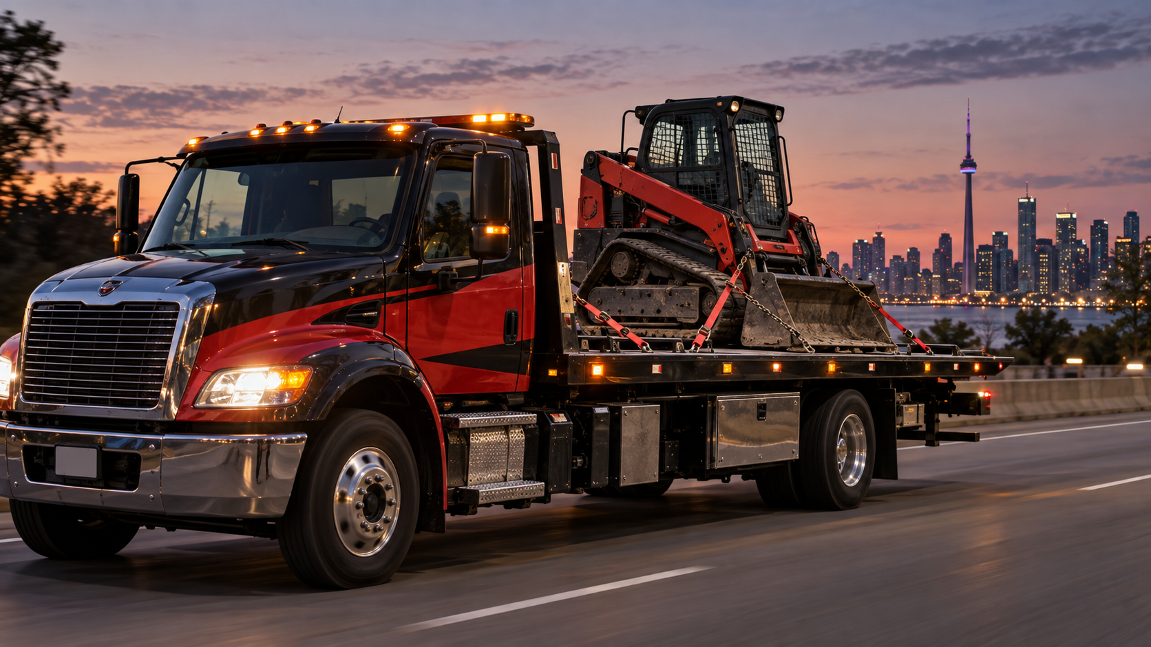 Compact construction equipment transported on a flatbed truck