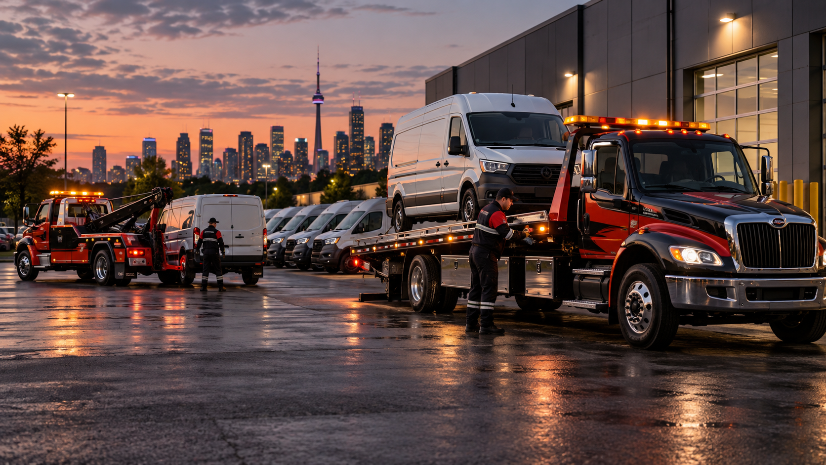 Commercial fleet vehicles being moved by tow trucks