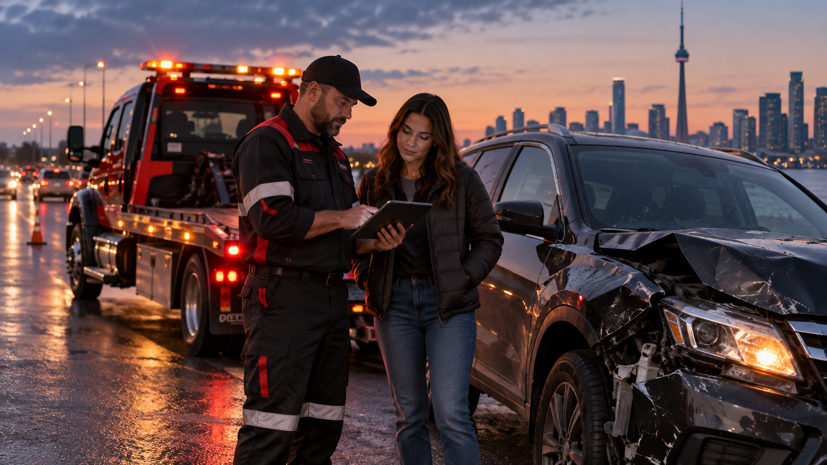 Tow operator helping a driver with after-collision insurance information