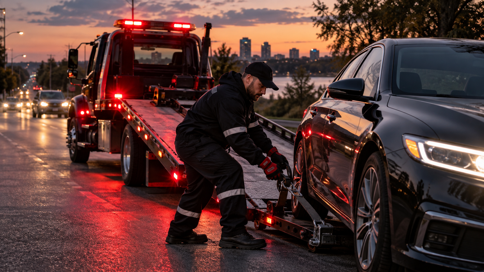 SpeedX tow-truck operator providing roadside assistance to a stranded vehicle