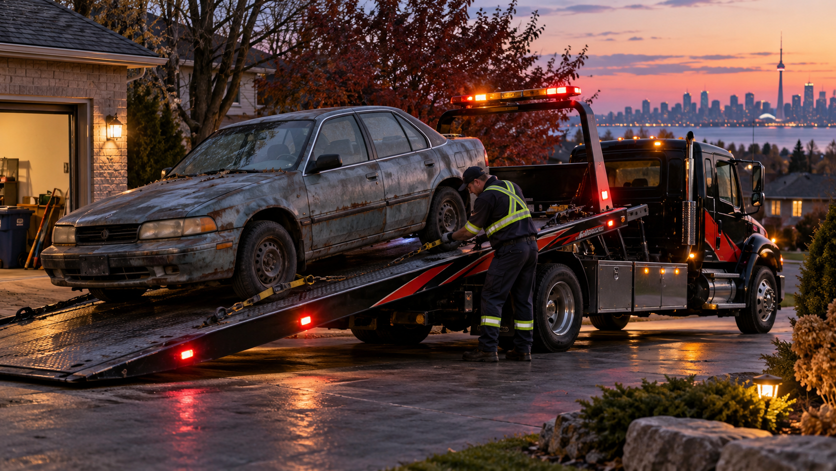 Tow truck collecting an unwanted scrap car