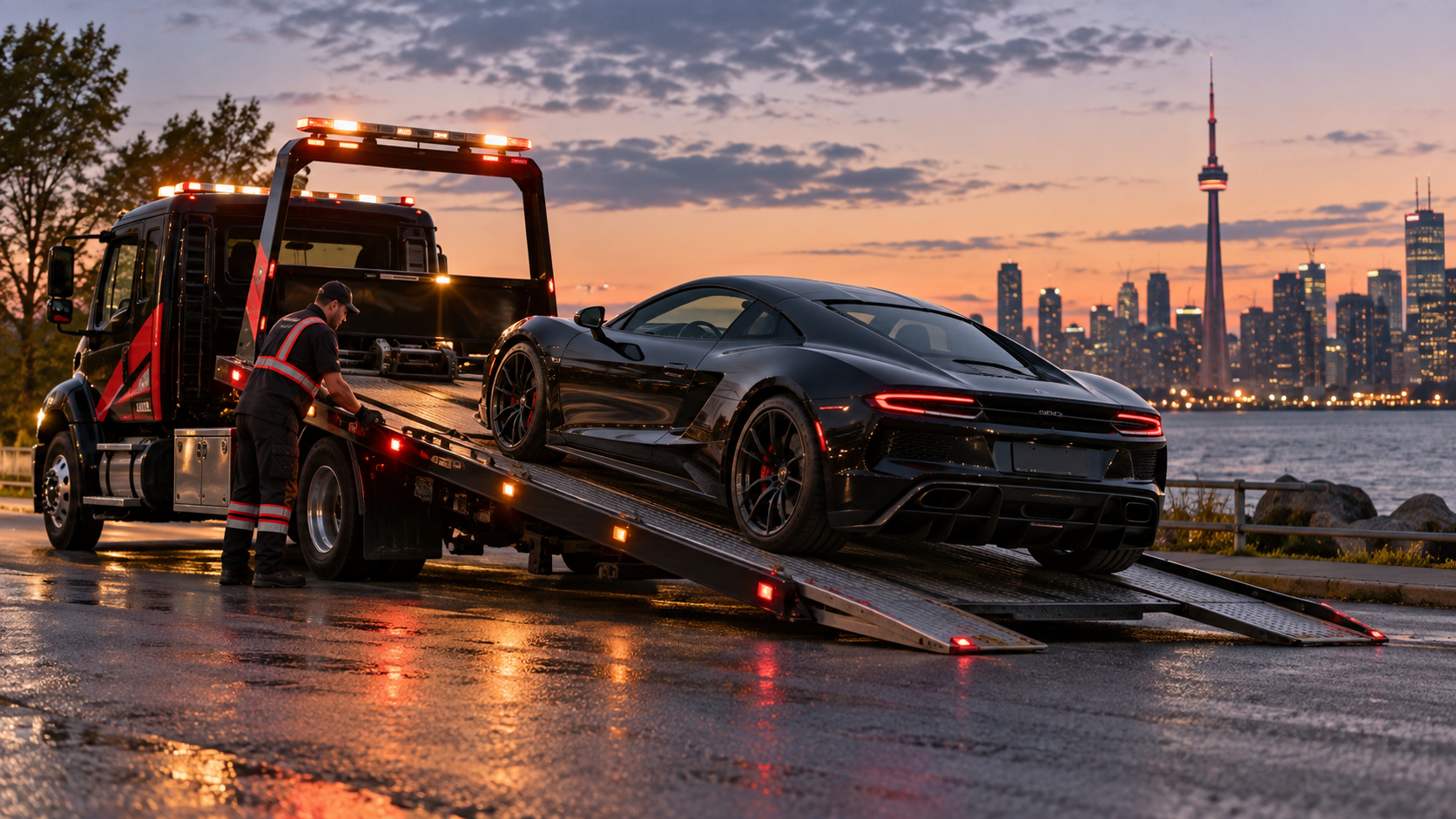 Low-profile sports car carefully loaded on a flatbed