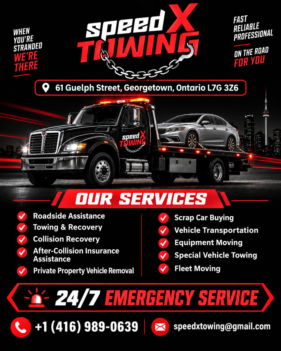 SpeedX Towing truck, service list and contact information