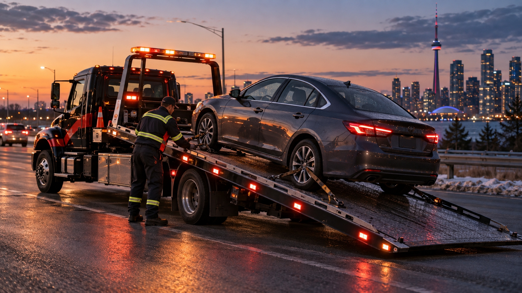 Flatbed tow truck loading a sedan
