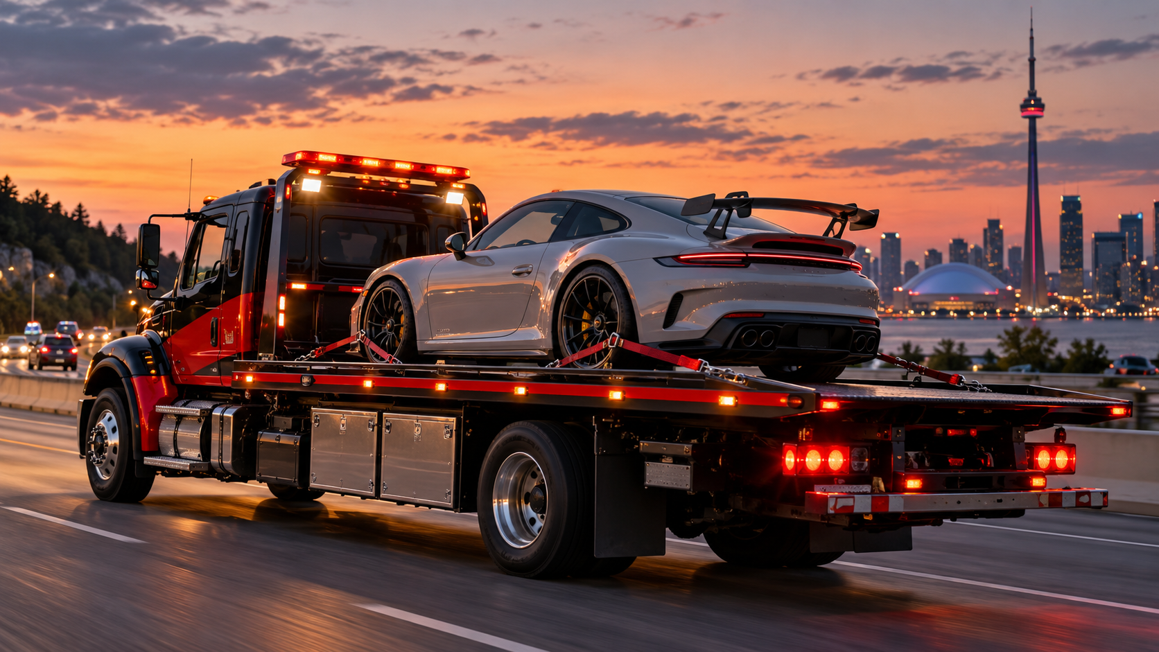 Specialty car secured on a flatbed for transportation